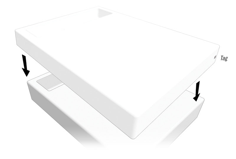 A computer rendering showing to install the included white fitted sheet over the SONU mattress, denoted by downward arrows between the sheet abover and the mattress below.