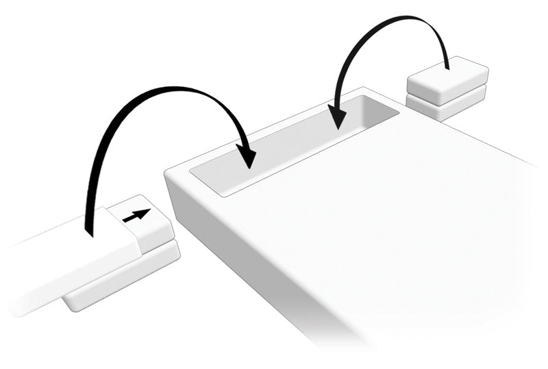 A computer rendering showing to put the Support Pillows back into place in the Comfort Chanel of the SONU, denoted by arrows arcing from the sides into the mattress.