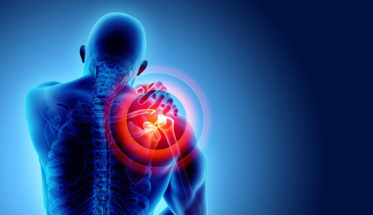 Computer rendering of man with glowing red shoulder pain on blue background.