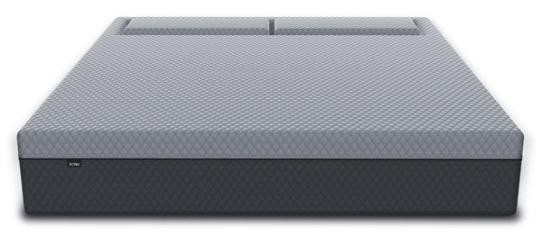 Photo of the SONU Sleep System from the foot of the mattress with light and dark grey fabric on a white background.