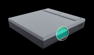 A computer rendering of The SONU Sleep System - Firm model, complete with mattress & support pillows made for side sleeping, with light grey on dark grey coloration.