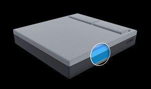 A computer rendering of The SONU Sleep System - Plush model, complete with mattress & support pillows made for side sleeping, with light grey on dark grey coloration.