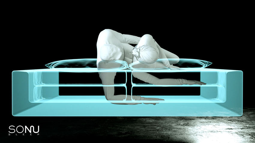 A computer rendering of the SONU Sleep System with 2 people sleeping on their sides to demonstrate their relaxing arm positions in the patened Comfort Channel.