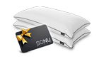 Photo of two stacked SONU Top Pillows in white with black piping and a SONU Gift Card with gold ribbon on black card with logo.